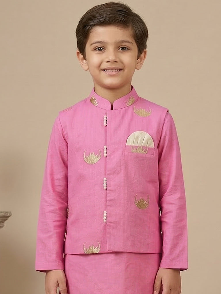 Pspeaches Boy Pink Ethnic Solid Straight Fit Cotton Kurta & Pyjamas With Moon Print Jacket (Sku-Kp-Pinkmoon)