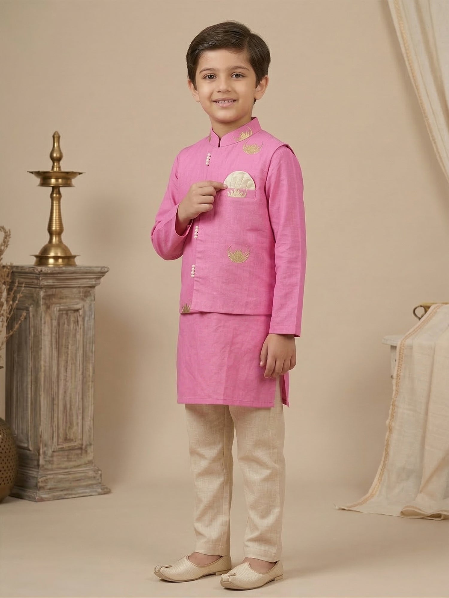 Pspeaches Boy Pink Ethnic Solid Straight Fit Cotton Kurta & Pyjamas With Moon Print Jacket (Sku-Kp-Pinkmoon)
