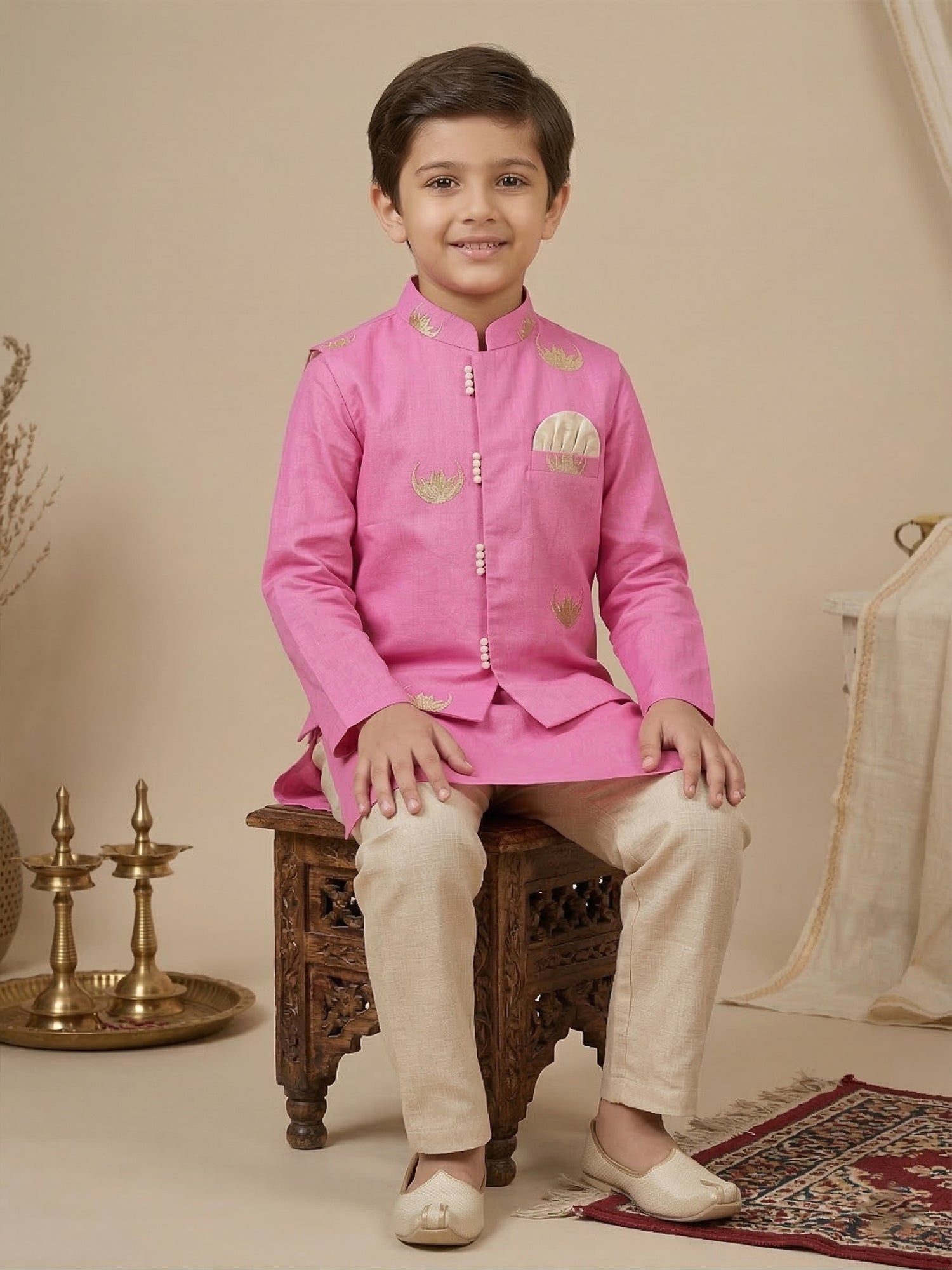 Pspeaches Boy Pink Ethnic Solid Straight Fit Cotton Kurta & Pyjamas With Moon Print Jacket (Sku-Kp-Pinkmoon)