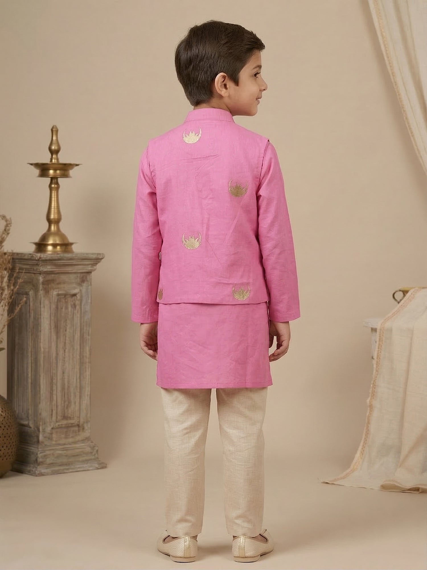 Pspeaches Boy Pink Ethnic Solid Straight Fit Cotton Kurta & Pyjamas With Moon Print Jacket (Sku-Kp-Pinkmoon)