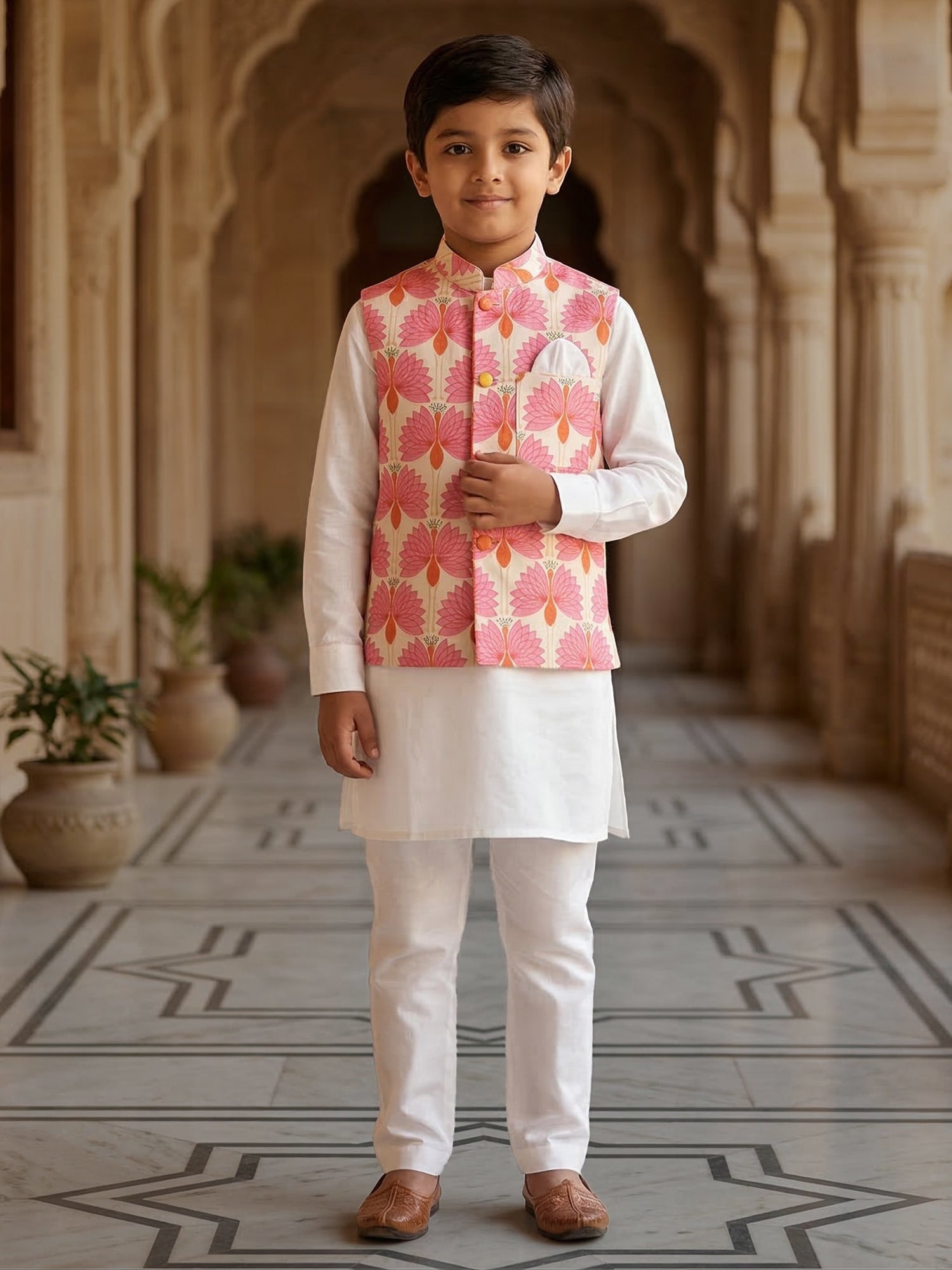Pspeaches Boy White Ethnic Solid Straight Fit Cotton Kurta & Pyjamas With  printed Jacket (Sku-Kp-Pinkoffwhite)