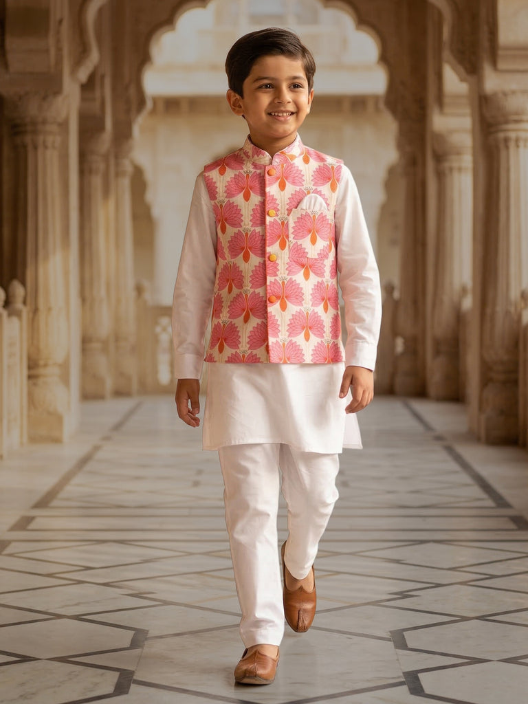 Pspeaches Boy White Ethnic Solid Straight Fit Cotton Kurta & Pyjamas With  printed Jacket (Sku-Kp-Pinkoffwhite)