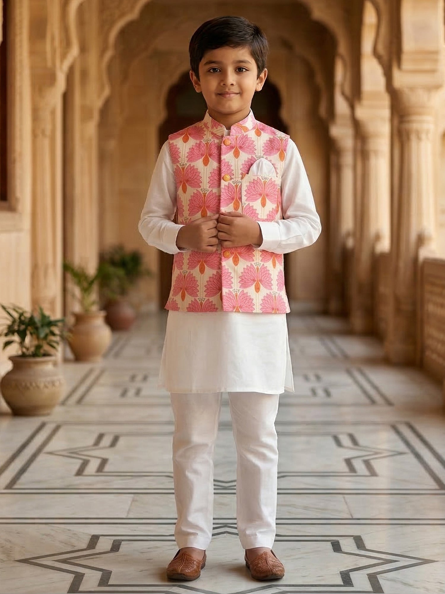 Pspeaches Boy White Ethnic Solid Straight Fit Cotton Kurta & Pyjamas With  printed Jacket (Sku-Kp-Pinkoffwhite)