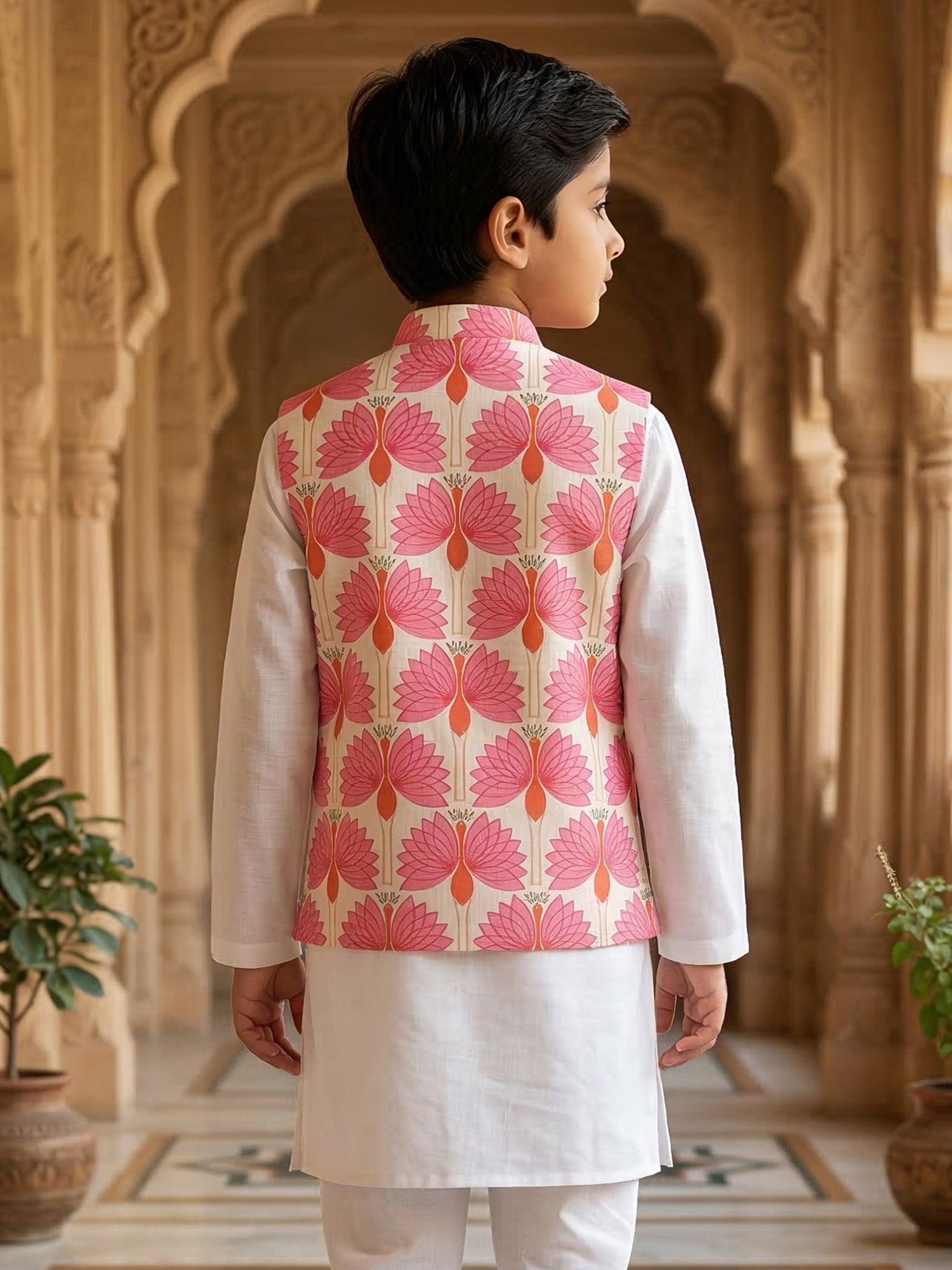 Pspeaches Boy White Ethnic Solid Straight Fit Cotton Kurta & Pyjamas With  printed Jacket (Sku-Kp-Pinkoffwhite)
