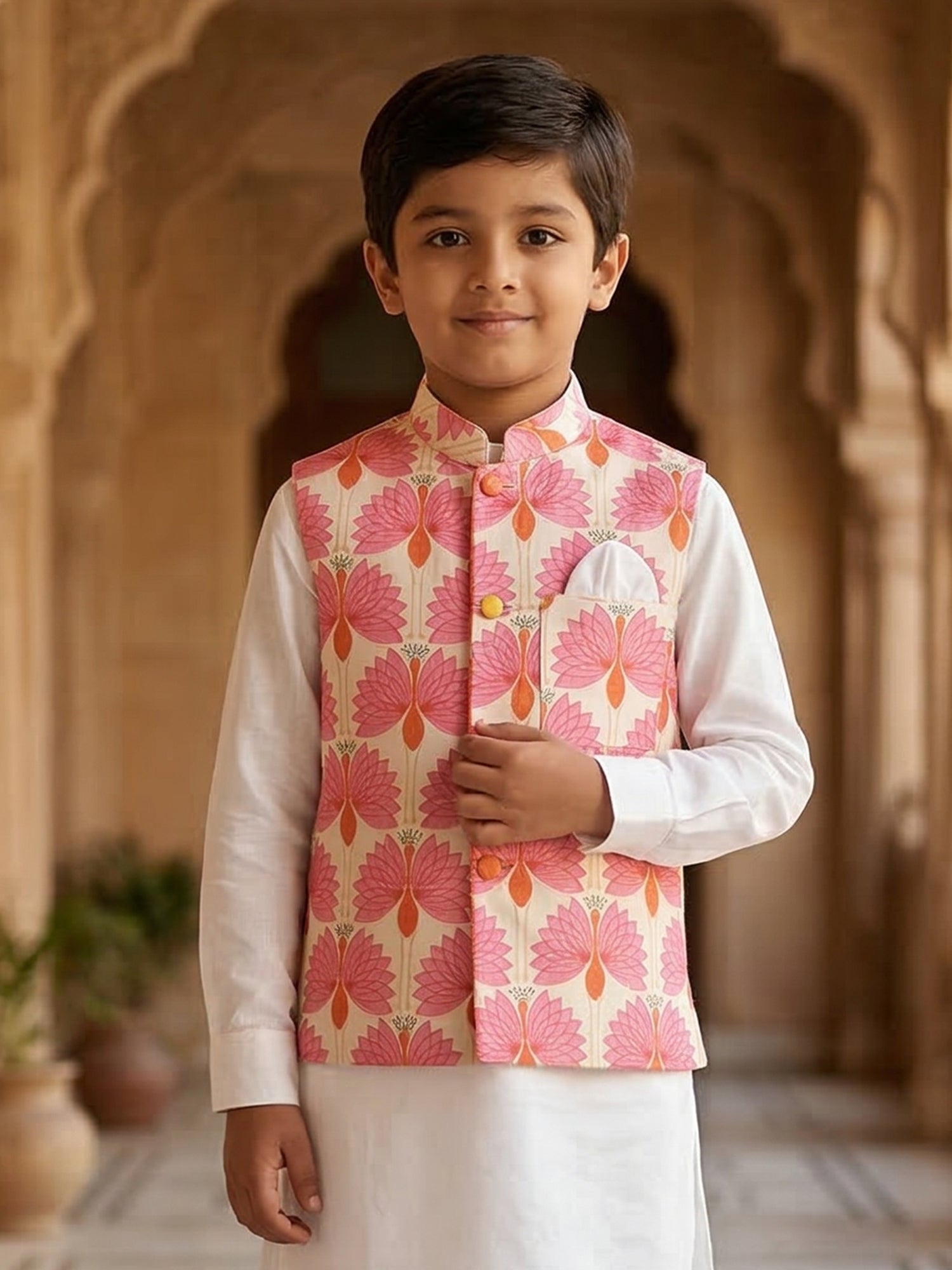Pspeaches Boy White Ethnic Solid Straight Fit Cotton Kurta & Pyjamas With  printed Jacket (Sku-Kp-Pinkoffwhite)