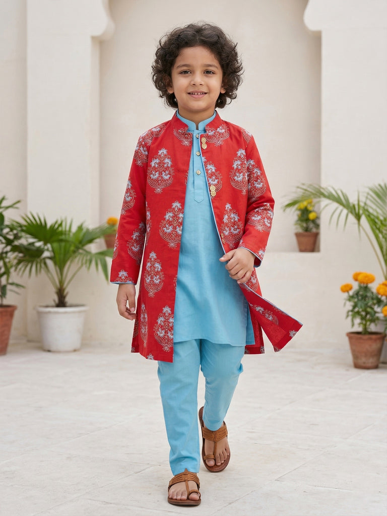 Pspeaches Boy Red and Sky-Blue Ethnic Solid Straight Fit Cotton Kurta & Pyjamas With Long Jacket (Sku-Kp-Redcottonflex)