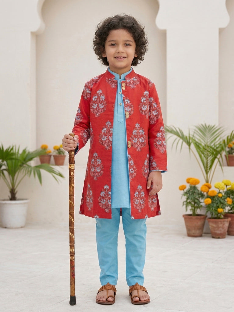 Pspeaches Boy Red and Sky-Blue Ethnic Solid Straight Fit Cotton Kurta & Pyjamas With Long Jacket (Sku-Kp-Redcottonflex)