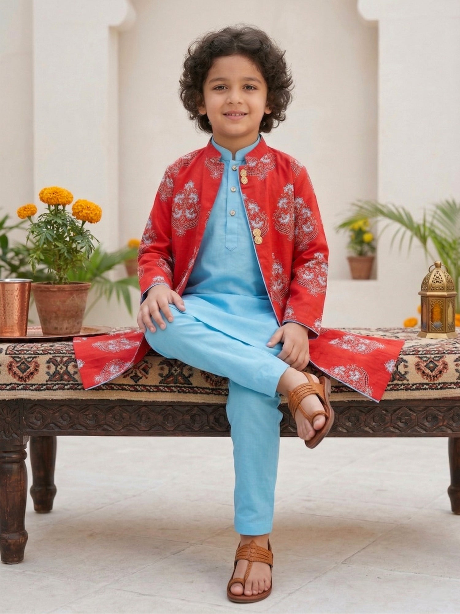 Pspeaches Boy Red and Sky-Blue Ethnic Solid Straight Fit Cotton Kurta & Pyjamas With Long Jacket (Sku-Kp-Redcottonflex)