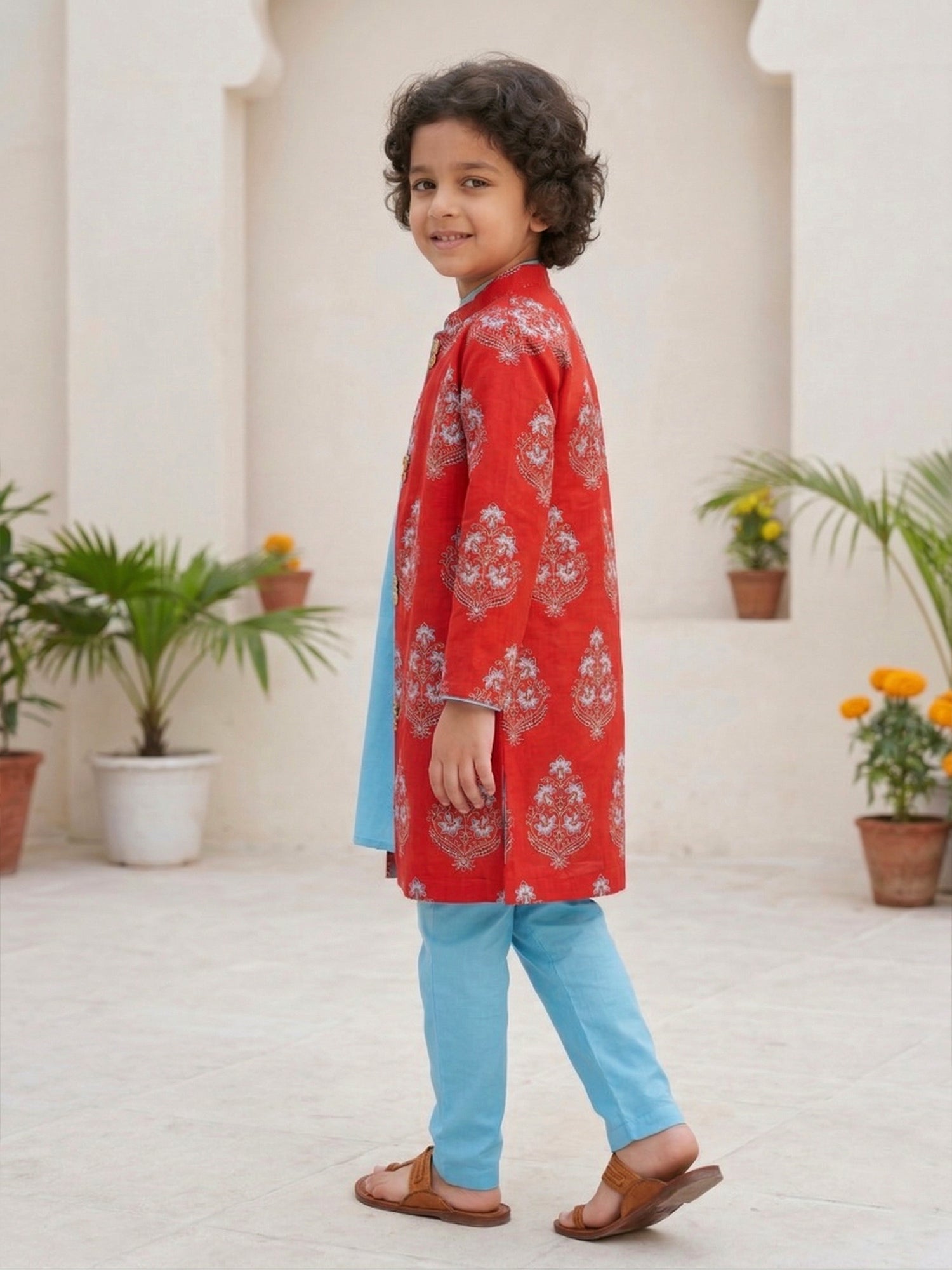 Pspeaches Boy Red and Sky-Blue Ethnic Solid Straight Fit Cotton Kurta & Pyjamas With Long Jacket (Sku-Kp-Redcottonflex)