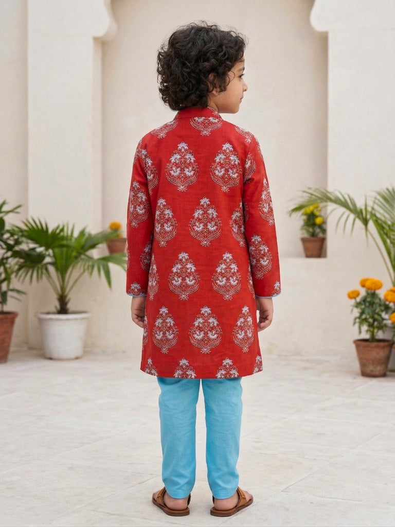 Pspeaches Boy Red and Sky-Blue Ethnic Solid Straight Fit Cotton Kurta & Pyjamas With Long Jacket (Sku-Kp-Redcottonflex)