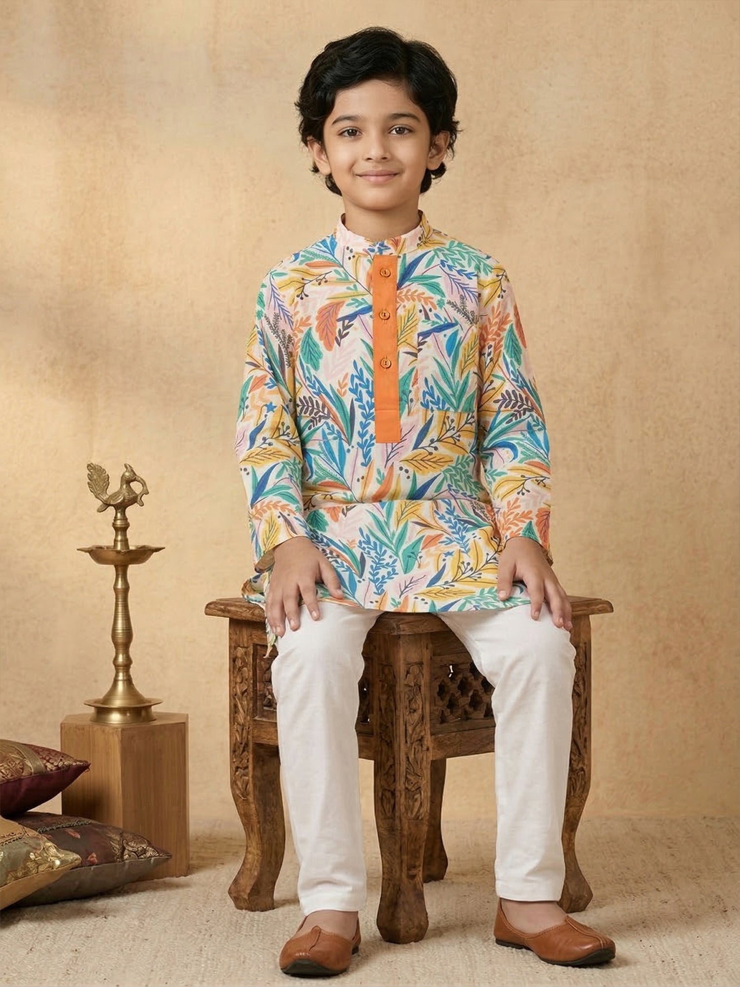 Pspeaches Boy Multi Ethnic Printed Straight Fit Kurta Rayon With Pyjamas (Sku-Kp-Wtmulti)