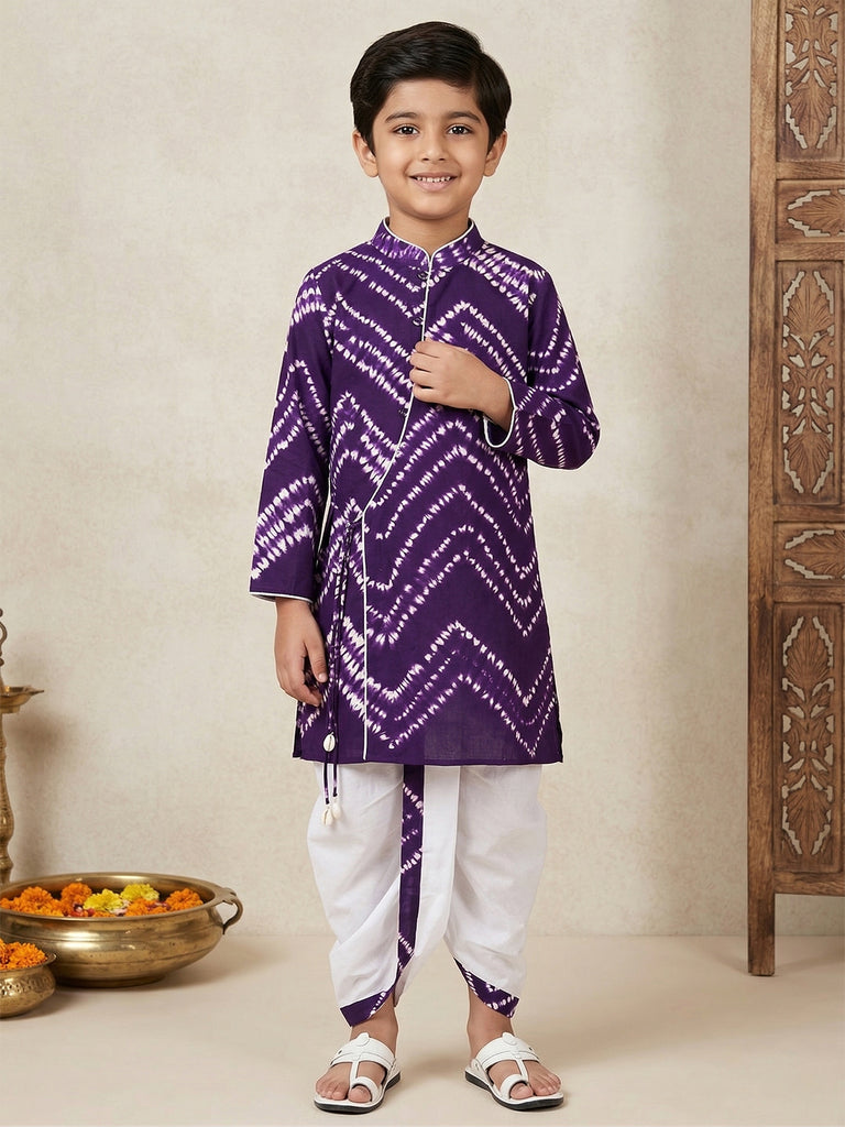 Pspeaches Boy Purple Ethnic hand block shibori Angrakha Cotton Kurta With Dhoti Pant (Sku-Kp-Wtplum)