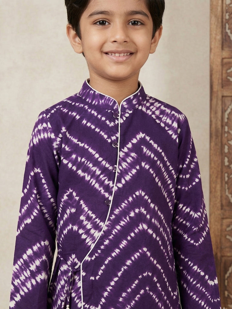 Pspeaches Boy Purple Ethnic hand block shibori Angrakha Cotton Kurta With Dhoti Pant (Sku-Kp-Wtplum)