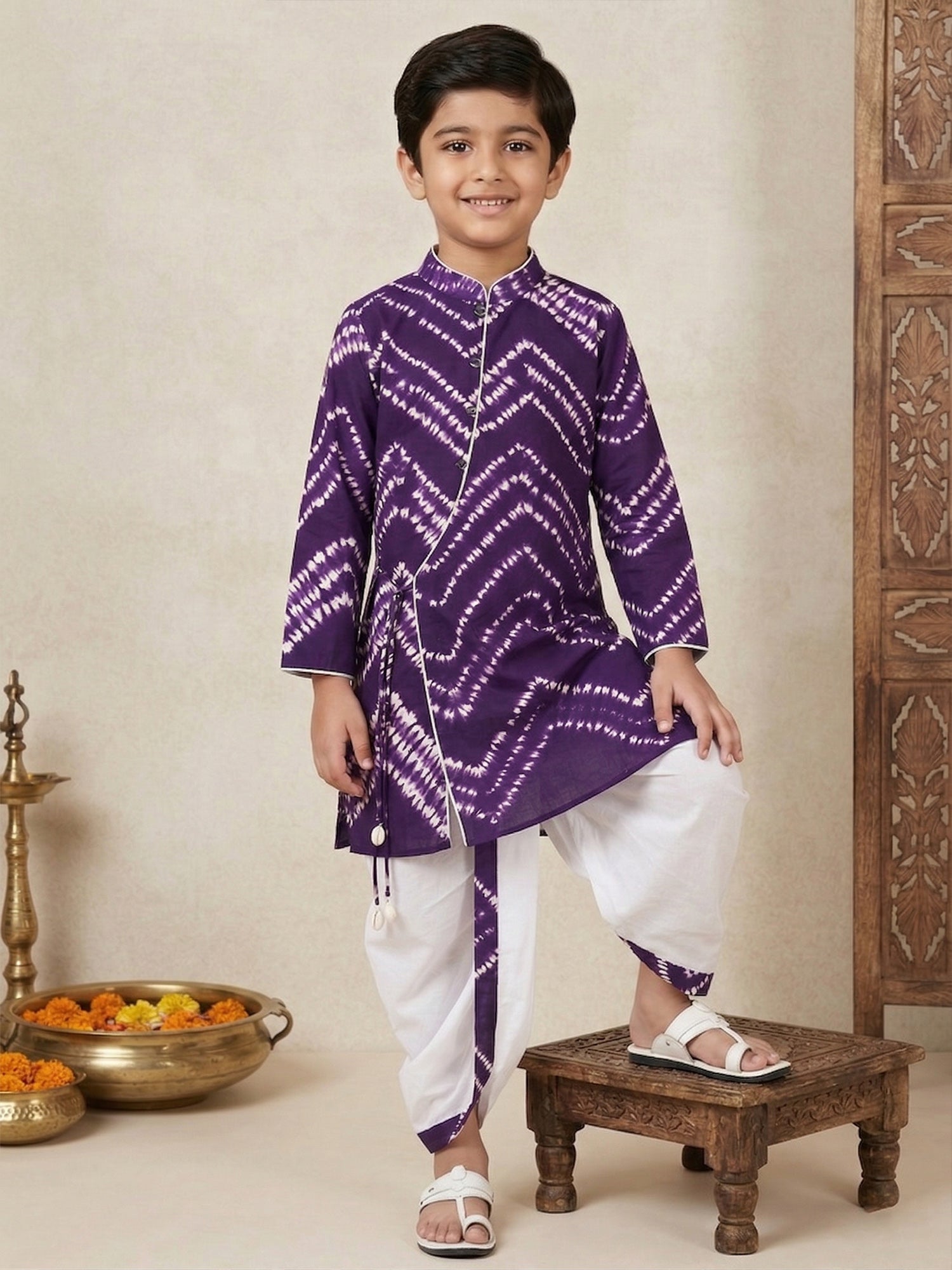 Pspeaches Boy Purple Ethnic hand block shibori Angrakha Cotton Kurta With Dhoti Pant (Sku-Kp-Wtplum)