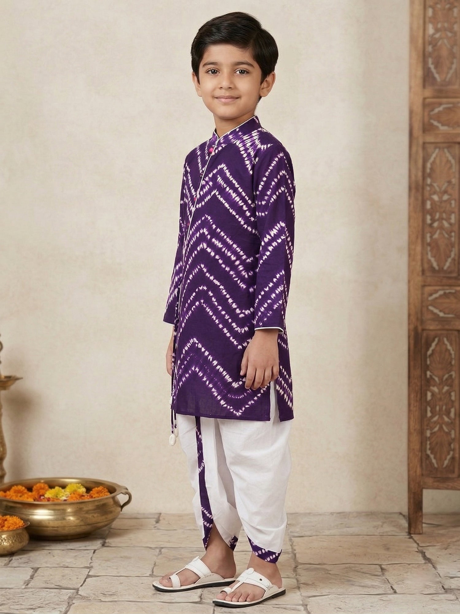 Pspeaches Boy Purple Ethnic hand block shibori Angrakha Cotton Kurta With Dhoti Pant (Sku-Kp-Wtplum)