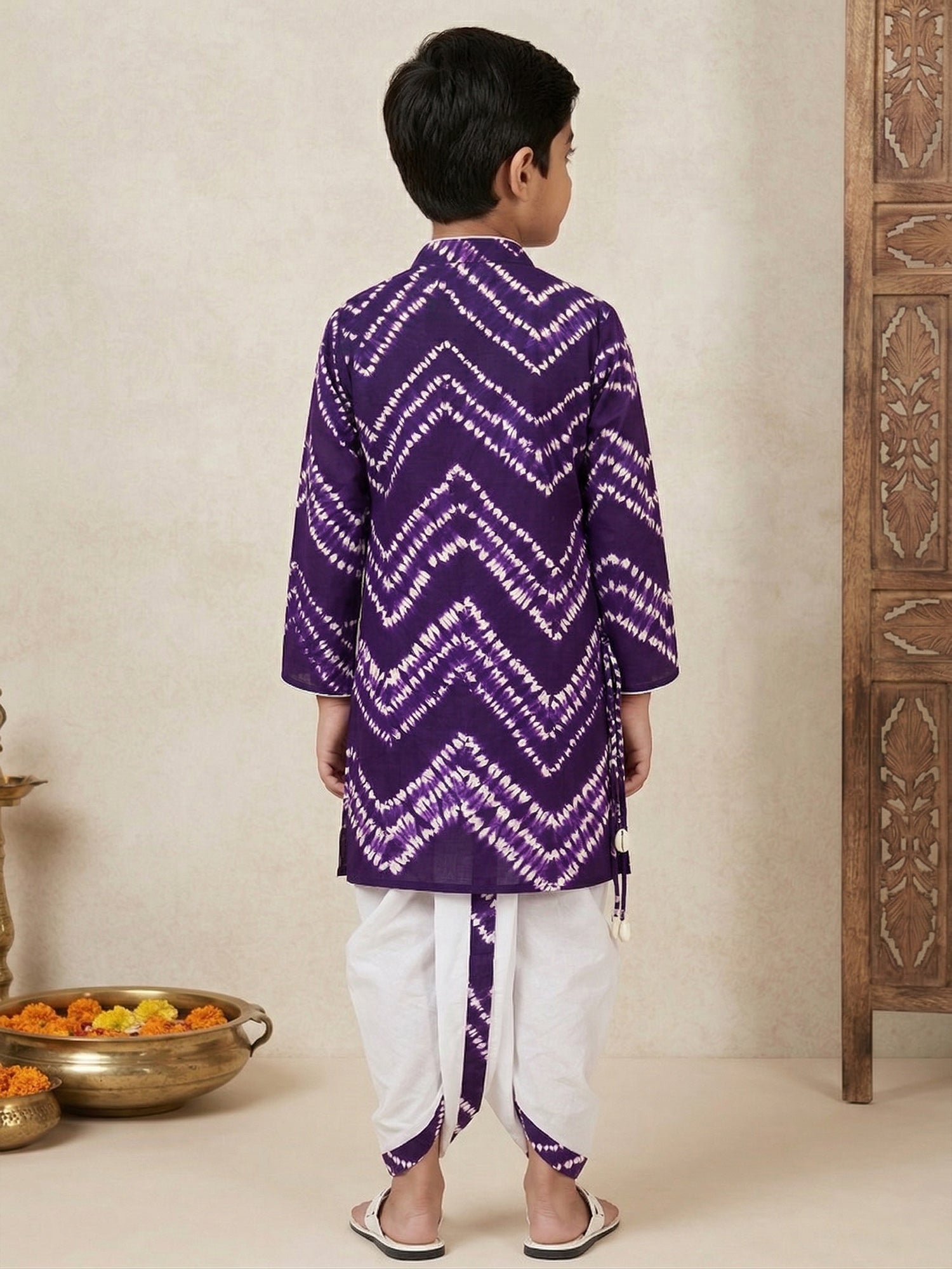 Pspeaches Boy Purple Ethnic hand block shibori Angrakha Cotton Kurta With Dhoti Pant (Sku-Kp-Wtplum)
