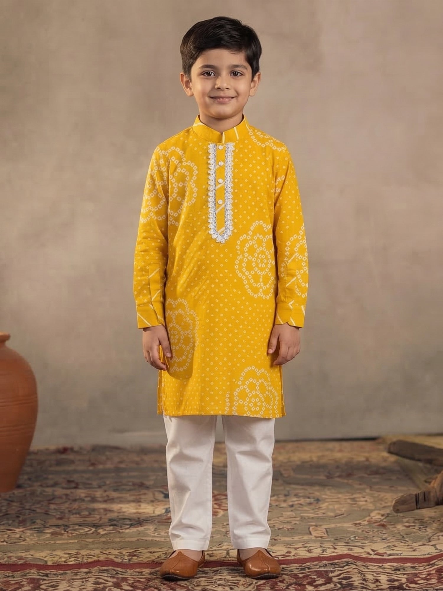 Pspeaches Boy Yellow Ethnic Bandhani Straight Fit Cotton Kurta With Pyjamas (Sku-Kp-Yellowbandhni)