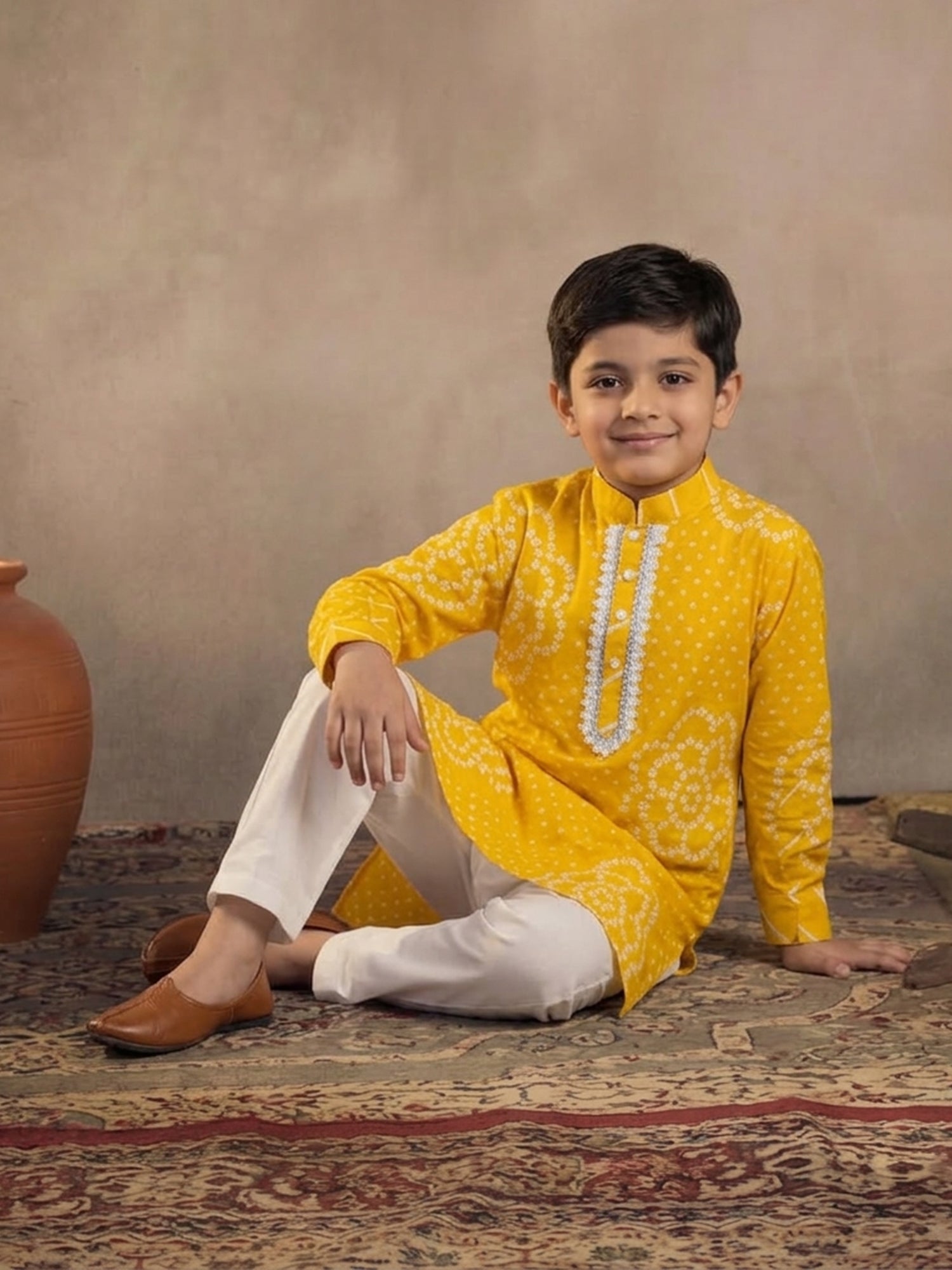 Pspeaches Boy Yellow Ethnic Bandhani Straight Fit Cotton Kurta With Pyjamas (Sku-Kp-Yellowbandhni)