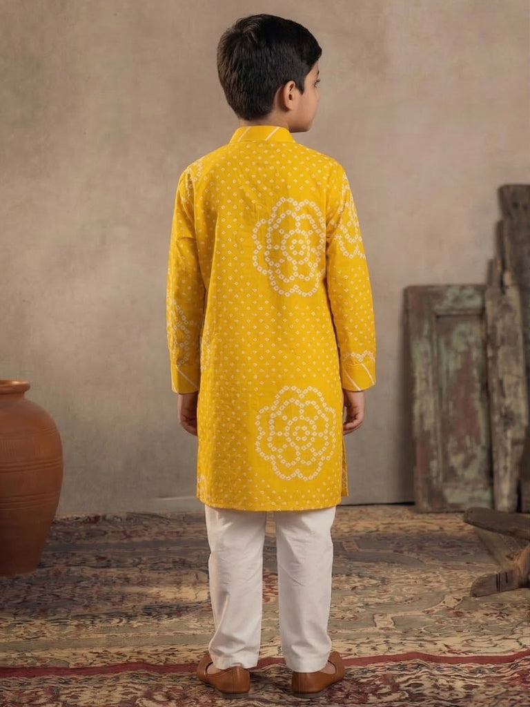 Pspeaches Boy Yellow Ethnic Bandhani Straight Fit Cotton Kurta With Pyjamas (Sku-Kp-Yellowbandhni)