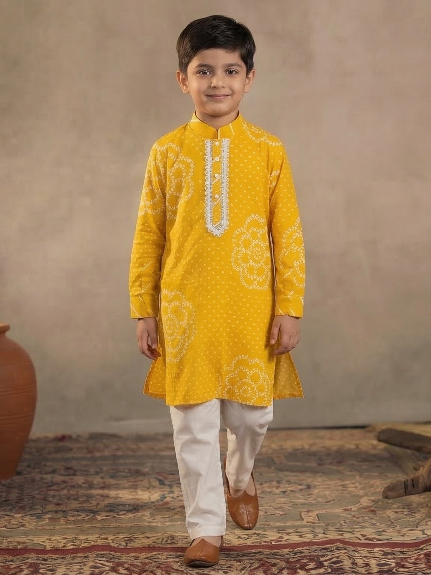 Pspeaches Boy Yellow Ethnic Bandhani Straight Fit Cotton Kurta With Pyjamas (Sku-Kp-Yellowbandhni)