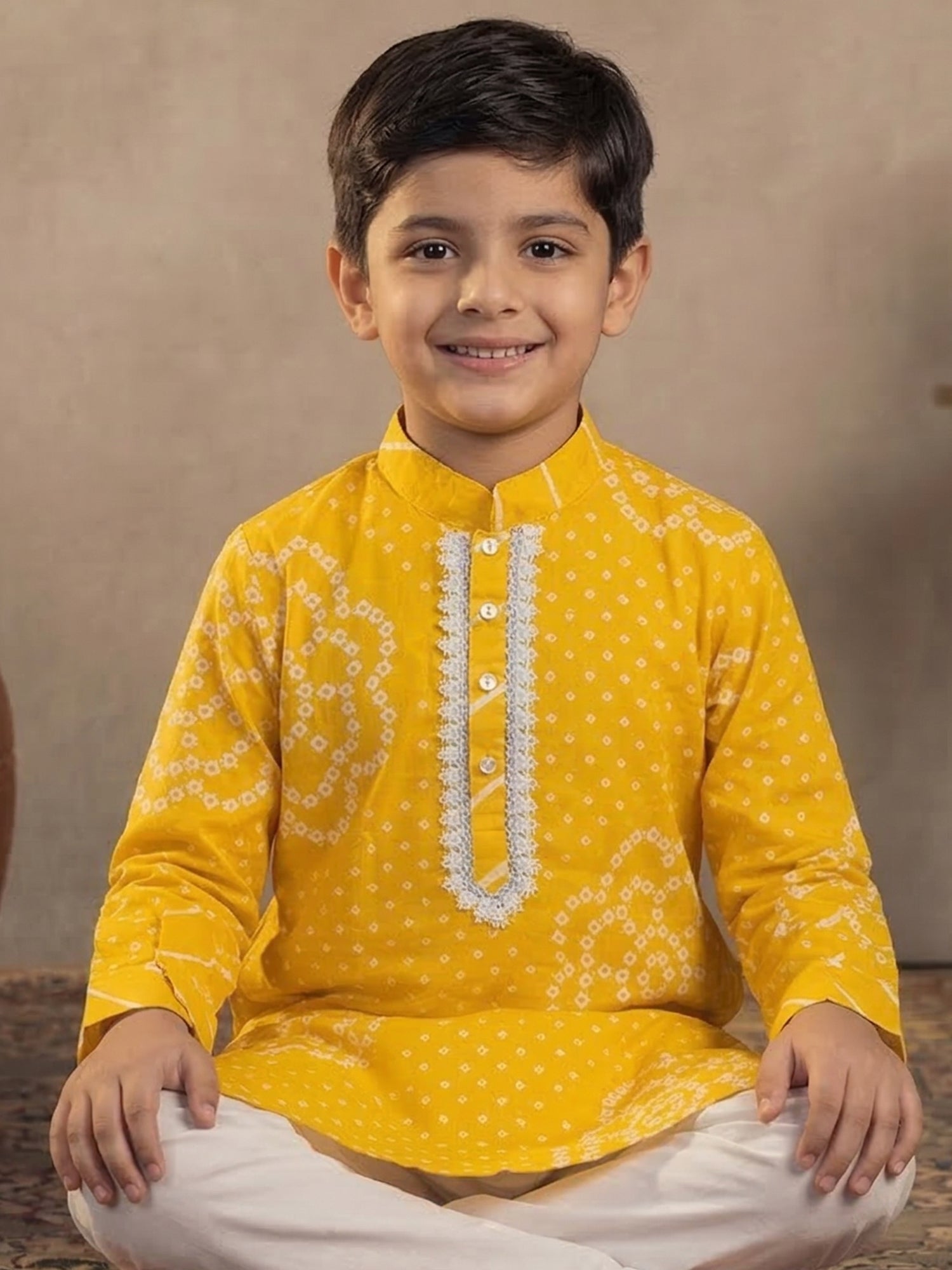 Pspeaches Boy Yellow Ethnic Bandhani Straight Fit Cotton Kurta With Pyjamas (Sku-Kp-Yellowbandhni)