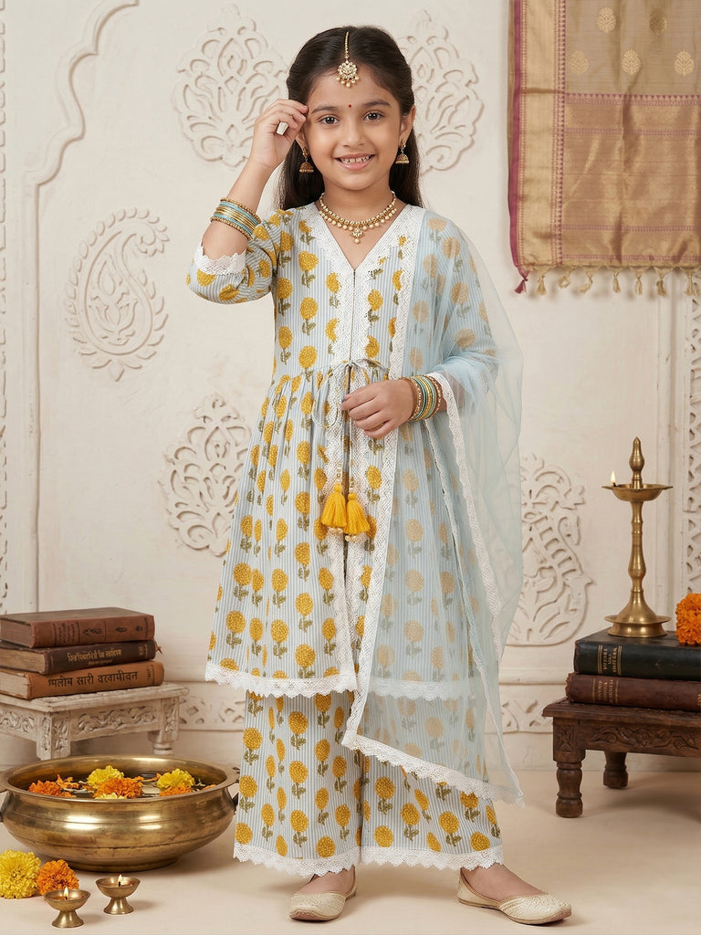 Pspeaches Girls White Ethnic Floral With Stripe Print Cotton A-Line Kurta & Pant With Dupatta (Sku-Ks-Bluestripes)
