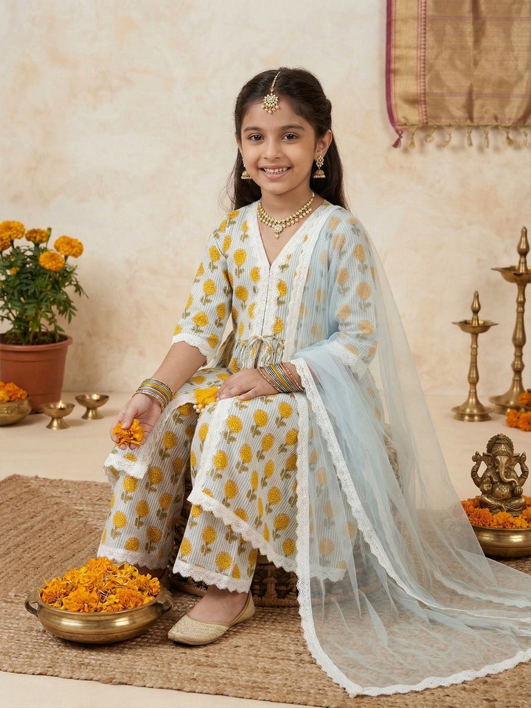 Pspeaches Girls White Ethnic Floral With Stripe Print Cotton A-Line Kurta & Pant With Dupatta (Sku-Ks-Bluestripes)
