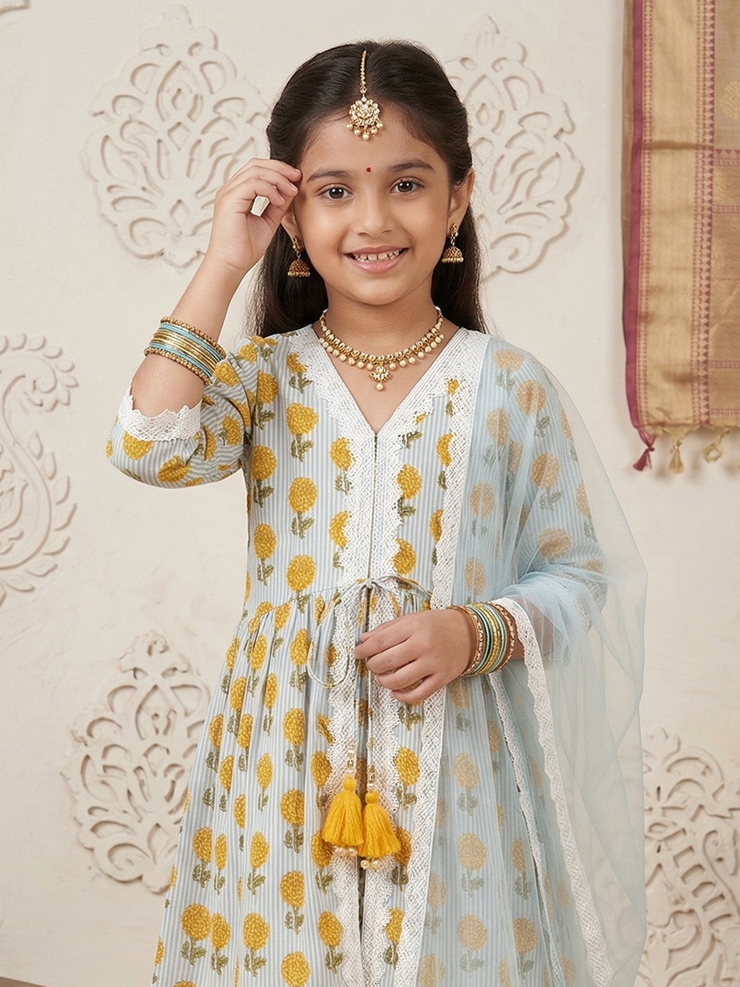 Pspeaches Girls White Ethnic Floral With Stripe Print Cotton A-Line Kurta & Pant With Dupatta (Sku-Ks-Bluestripes)