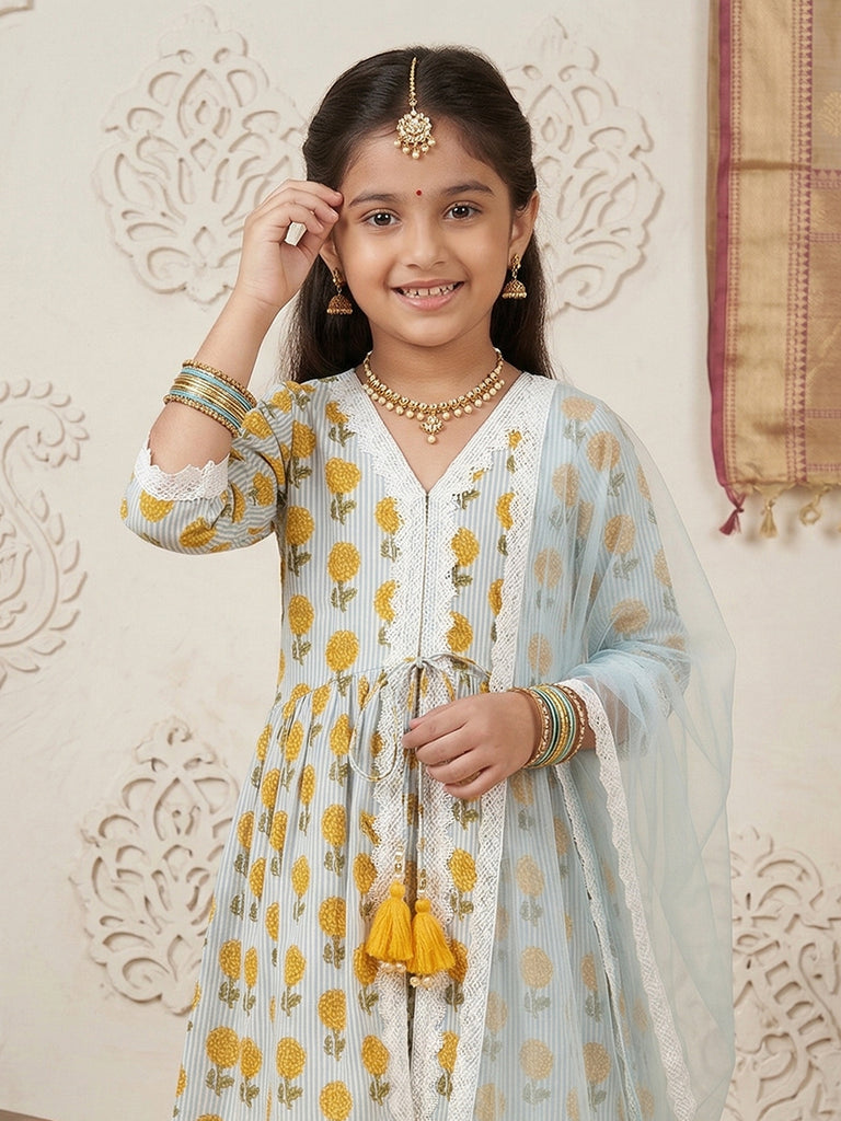 Pspeaches Girls White Ethnic Floral With Stripe Print Cotton A-Line Kurta & Pant With Dupatta (Sku-Ks-Bluestripes)