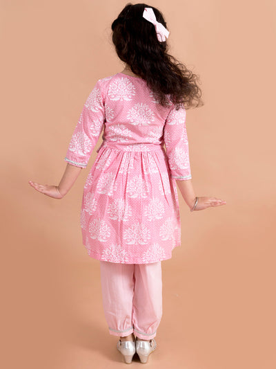 Girls Pink & White Printed Pure Cotton Kurta with Trousers & With Dupatta (Ks-khaddipink)
