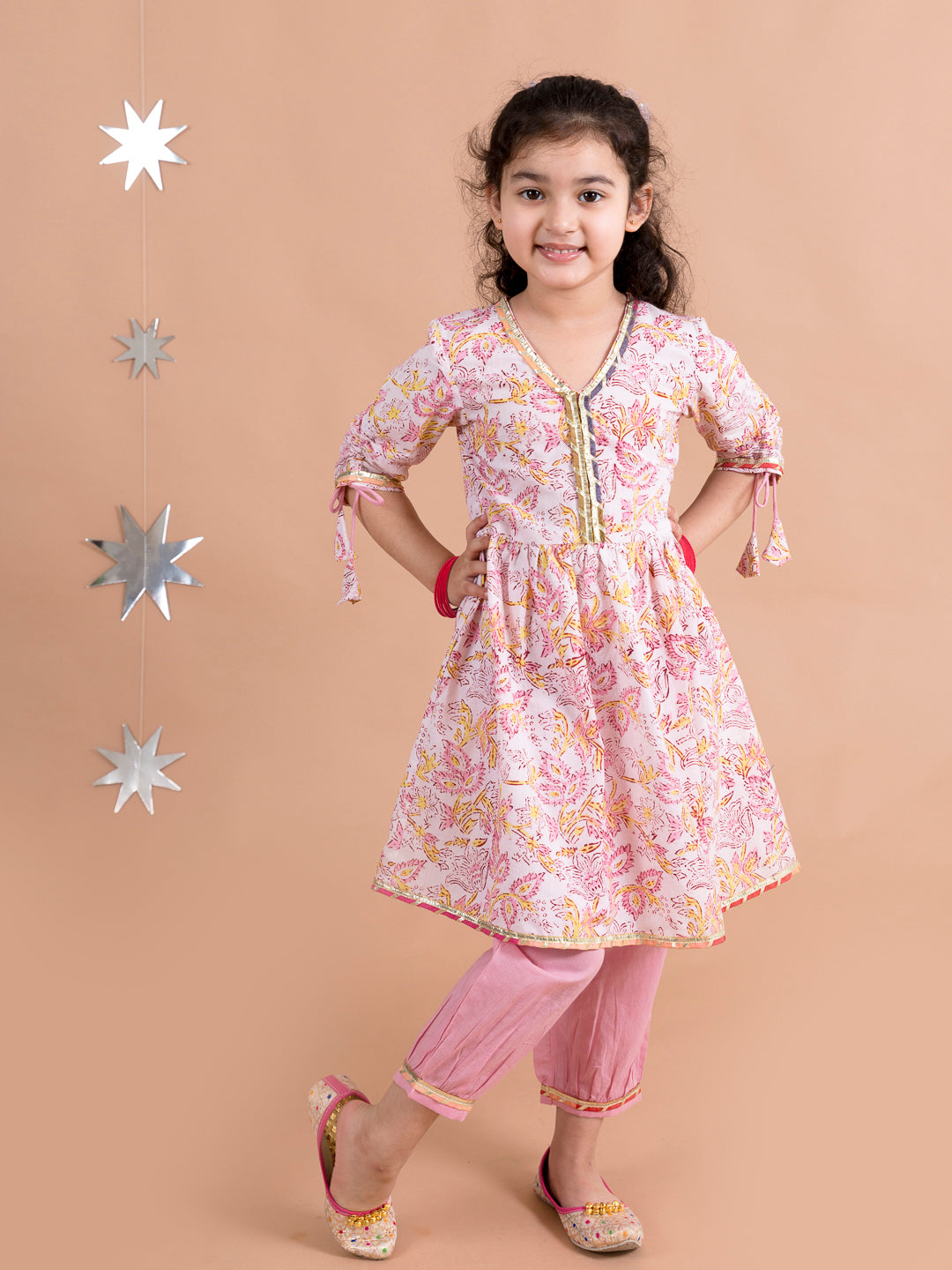 Girls Pink Floral Printed Angrakha Pure Cotton Kurti With Trousers With Dupatta (Ks-onionpink)