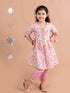 Girls Pink Floral Printed Angrakha Pure Cotton Kurti With Trousers With Dupatta (Ks-onionpink)