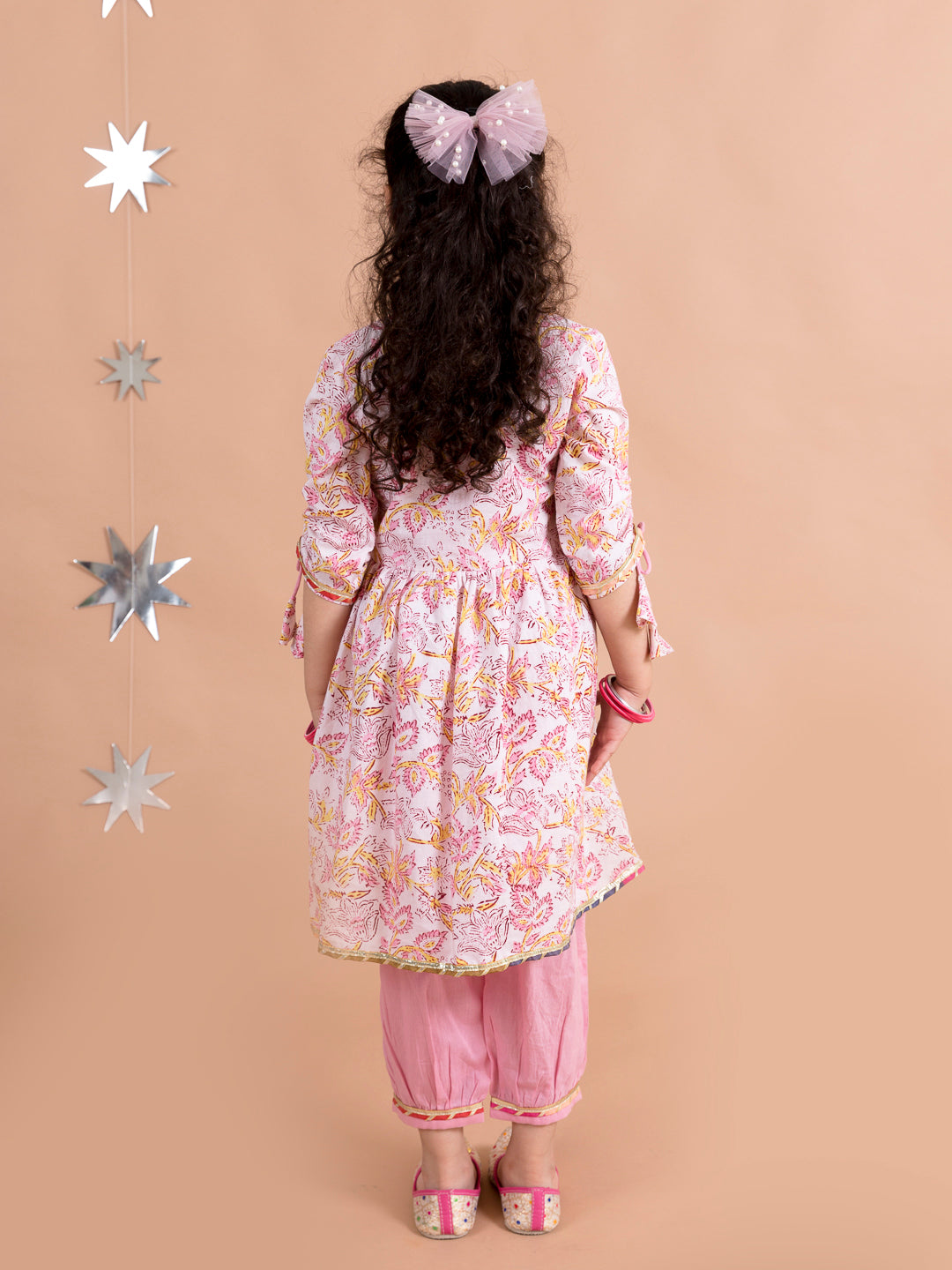 Girls Pink Floral Printed Angrakha Pure Cotton Kurti With Trousers With Dupatta (Ks-onionpink)