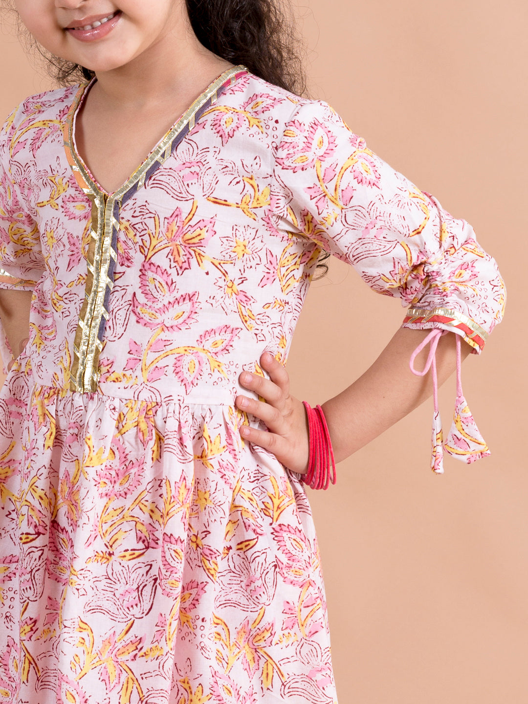 Girls Pink Floral Printed Angrakha Pure Cotton Kurti With Trousers With Dupatta (Ks-onionpink)