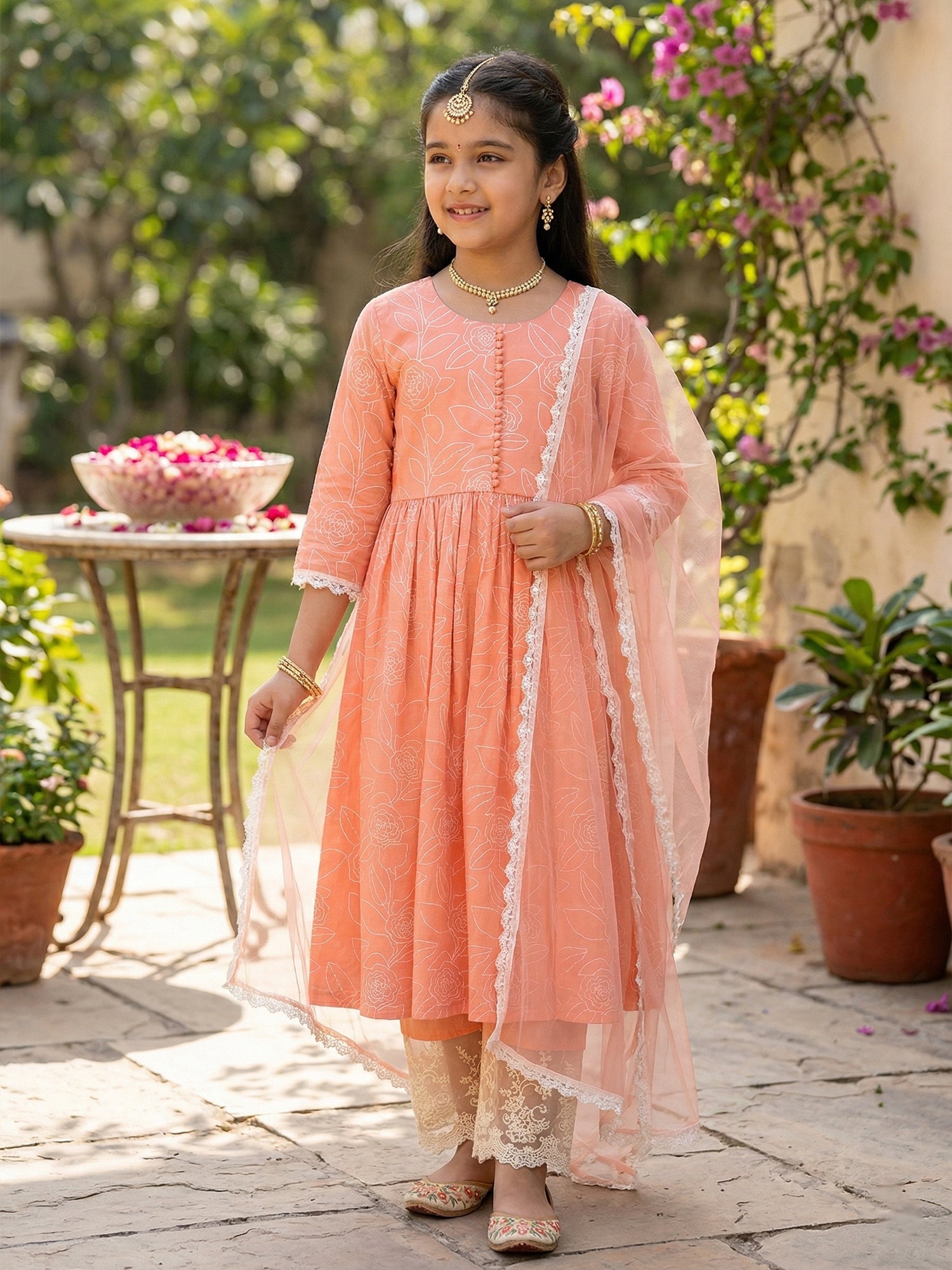 Pspeaches Girls Peach Ethnic Printed Cotton A-Line Kurti & Pant With Dupatta (Sku-Ks-Peachcambric)