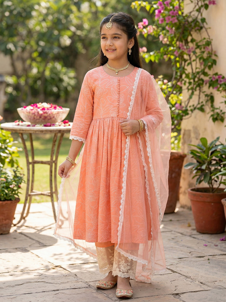 Pspeaches Girls Peach Ethnic Printed Cotton A-Line Kurti & Pant With Dupatta (Sku-Ks-Peachcambric)