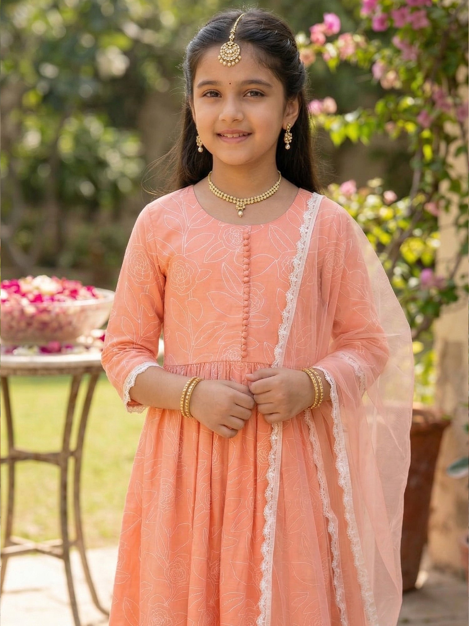 Pspeaches Girls Peach Ethnic Printed Cotton A-Line Kurti & Pant With Dupatta (Sku-Ks-Peachcambric)