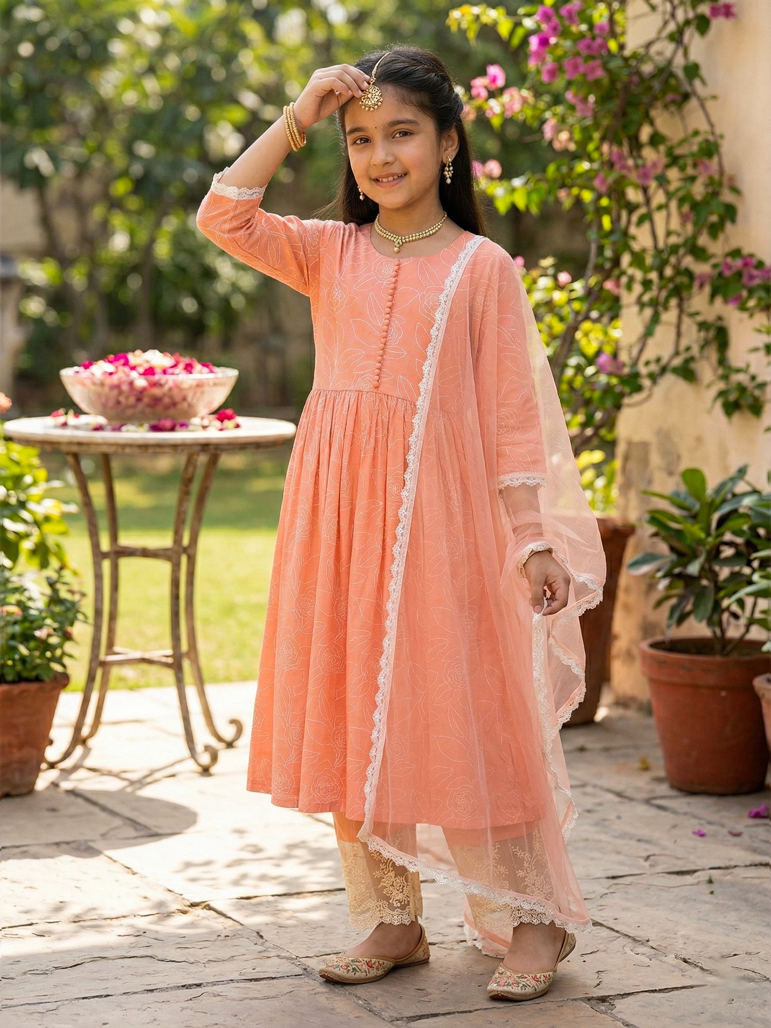 Pspeaches Girls Peach Ethnic Printed Cotton A-Line Kurti & Pant With Dupatta (Sku-Ks-Peachcambric)