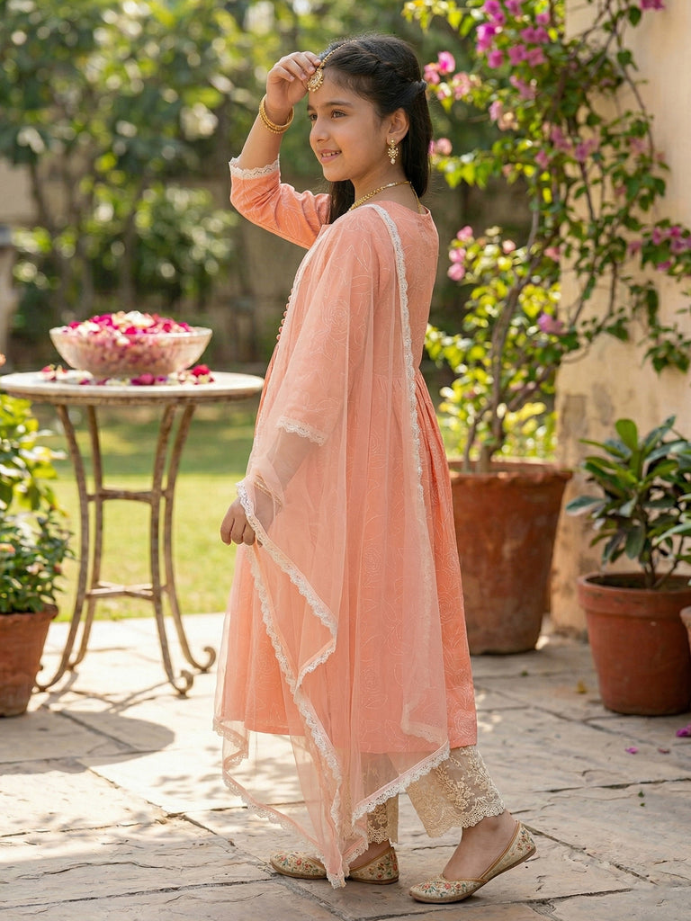 Pspeaches Girls Peach Ethnic Printed Cotton A-Line Kurti & Pant With Dupatta (Sku-Ks-Peachcambric)