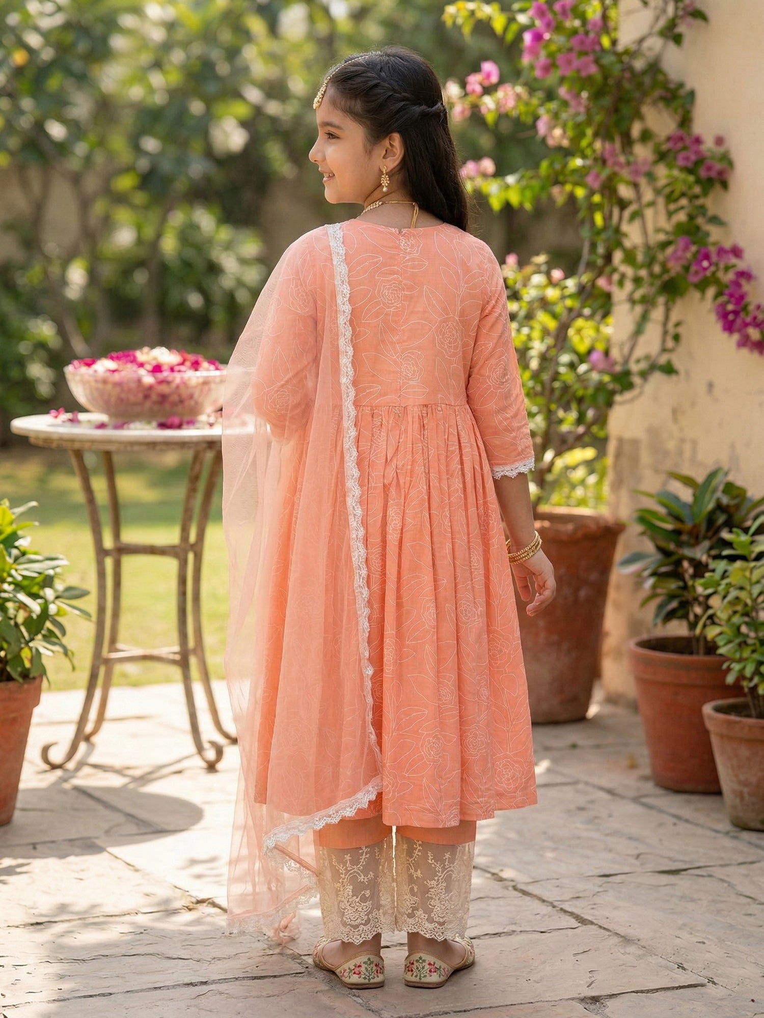 Pspeaches Girls Peach Ethnic Printed Cotton A-Line Kurti & Pant With Dupatta (Sku-Ks-Peachcambric)