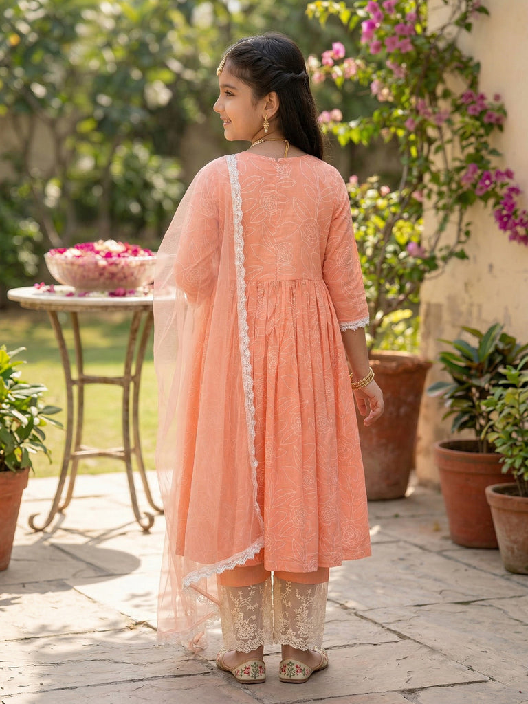 Pspeaches Girls Peach Ethnic Printed Cotton A-Line Kurti & Pant With Dupatta (Sku-Ks-Peachcambric)