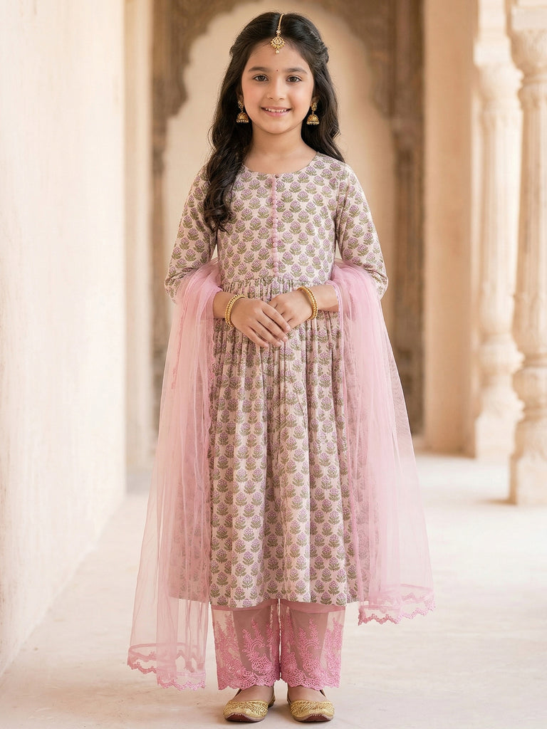 Pspeaches Girls Cream & Pink Ethnic Floral Print Cotton A-Line Kurta & Lace Pant With Dupatta