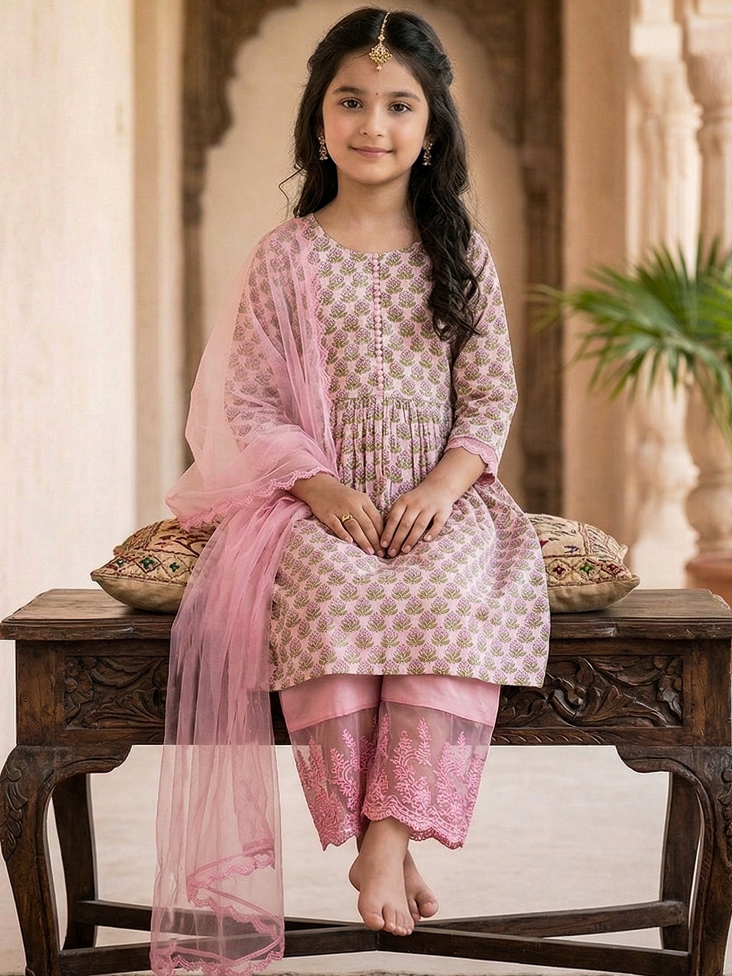 Pspeaches Girls Cream & Pink Ethnic Floral Print Cotton A-Line Kurta & Lace Pant With Dupatta
