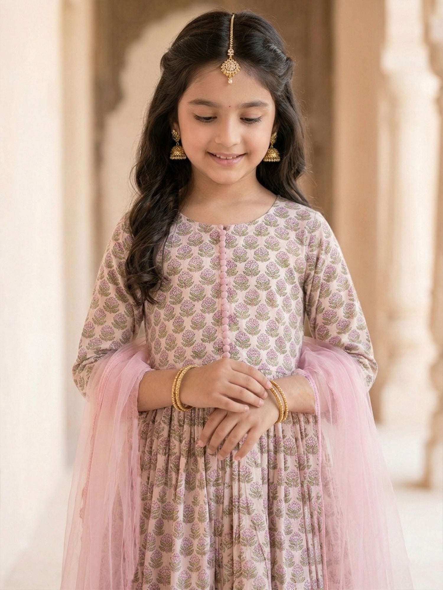 Pspeaches Girls Cream & Pink Ethnic Floral Print Cotton A-Line Kurta & Lace Pant With Dupatta