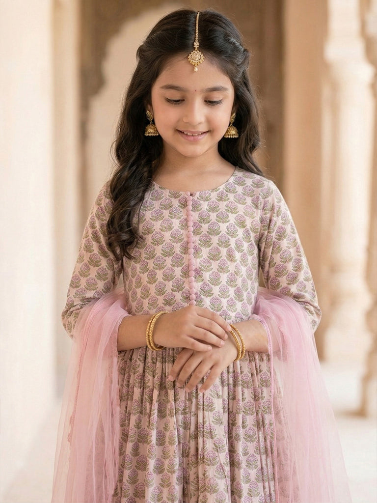 Pspeaches Girls Cream & Pink Ethnic Floral Print Cotton A-Line Kurta & Lace Pant With Dupatta