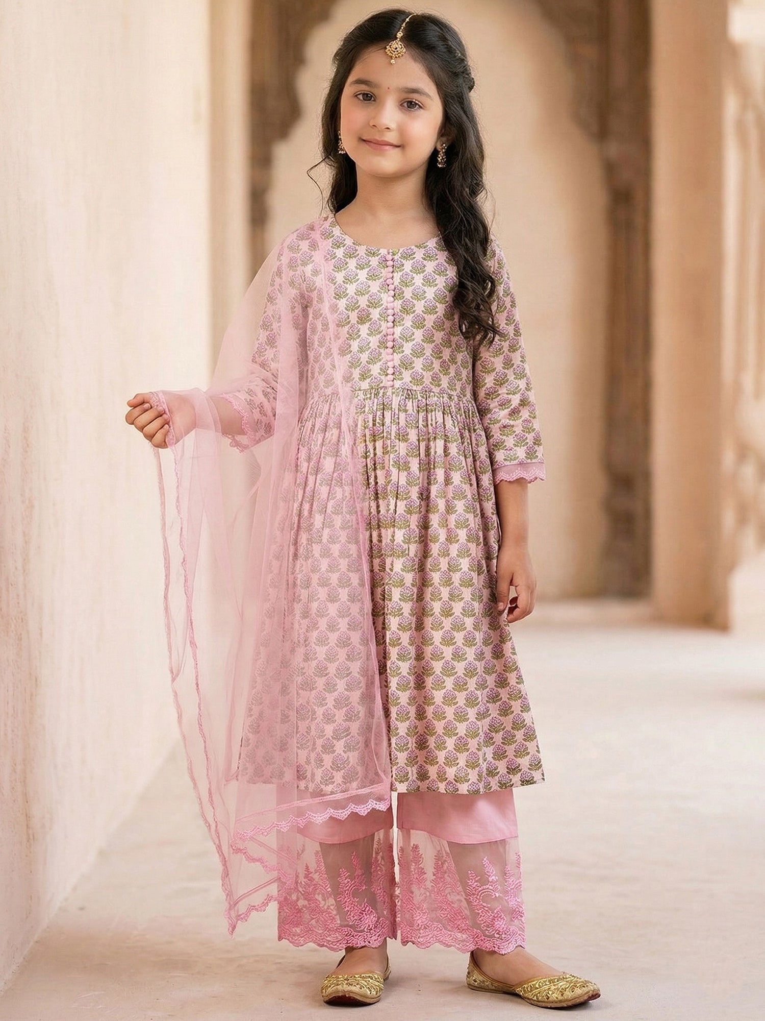 Pspeaches Girls Cream & Pink Ethnic Floral Print Cotton A-Line Kurta & Lace Pant With Dupatta