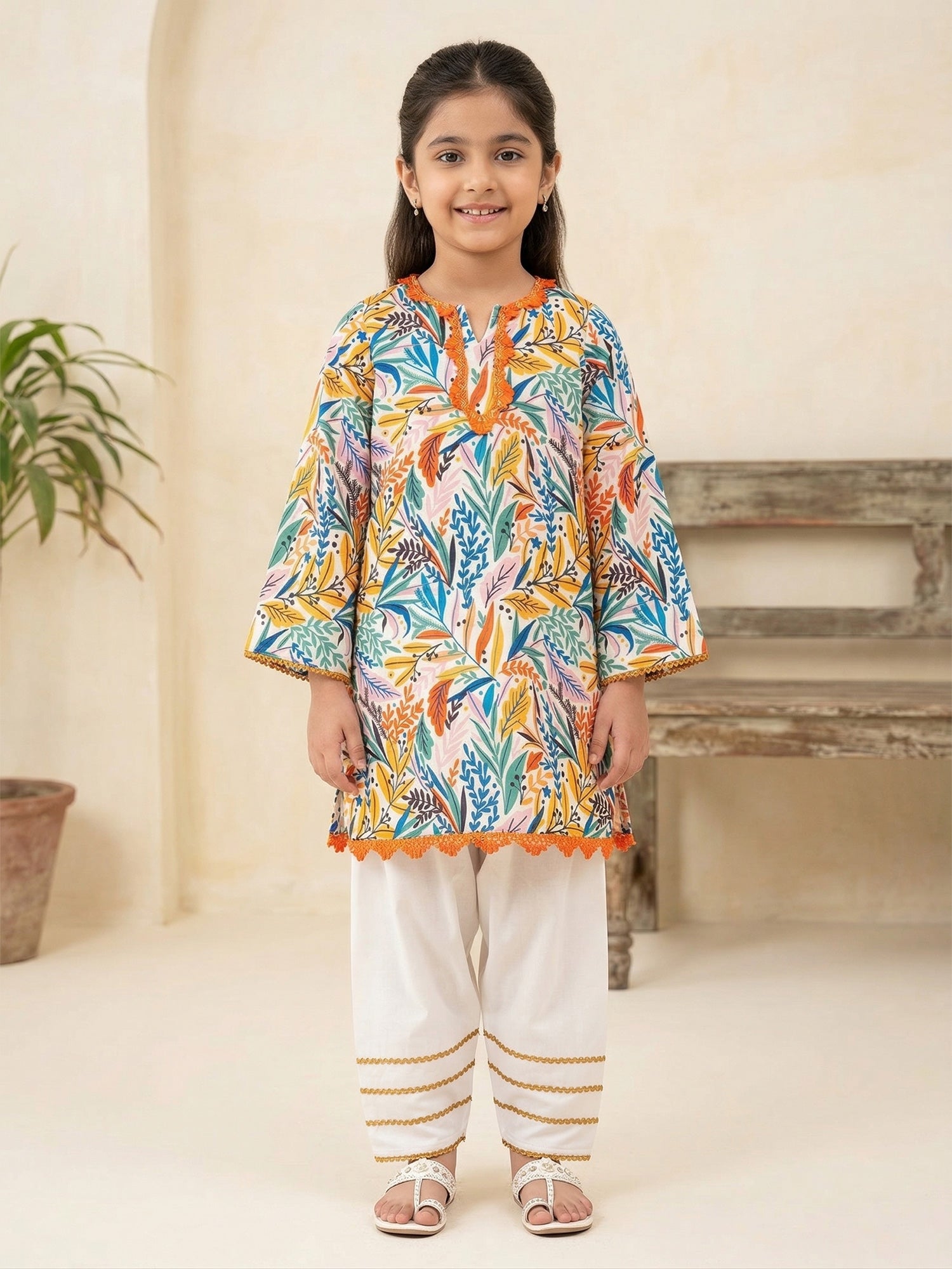 Pspeaches Girls Pakistani style Multi Ethnic Printed Straight Fit Crepe Kurta With farsi Pant