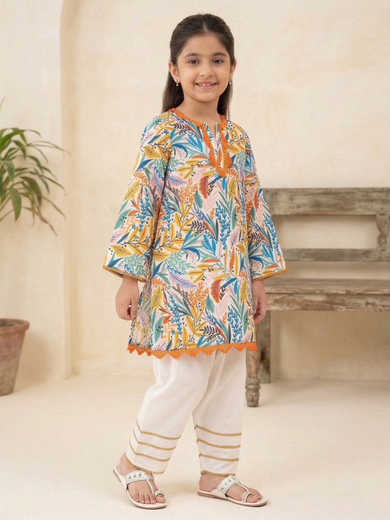 Pspeaches Girls Pakistani style Multi Ethnic Printed Straight Fit Crepe Kurta With farsi Pant