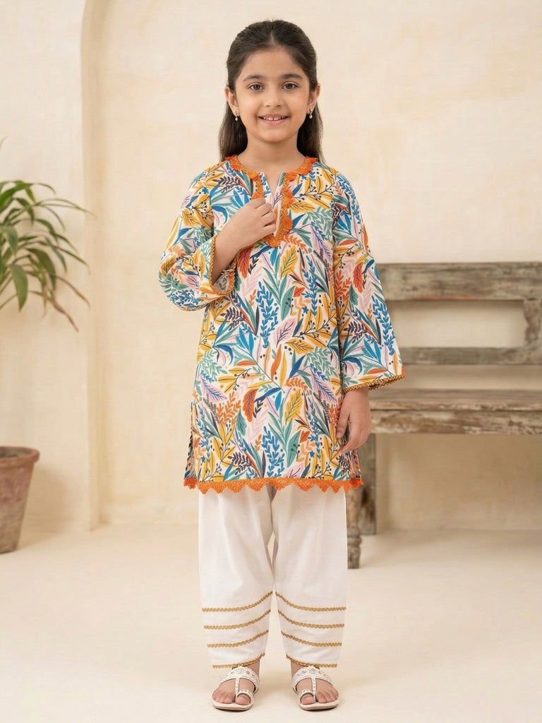 Pspeaches Girls Pakistani style Multi Ethnic Printed Straight Fit Crepe Kurta With farsi Pant