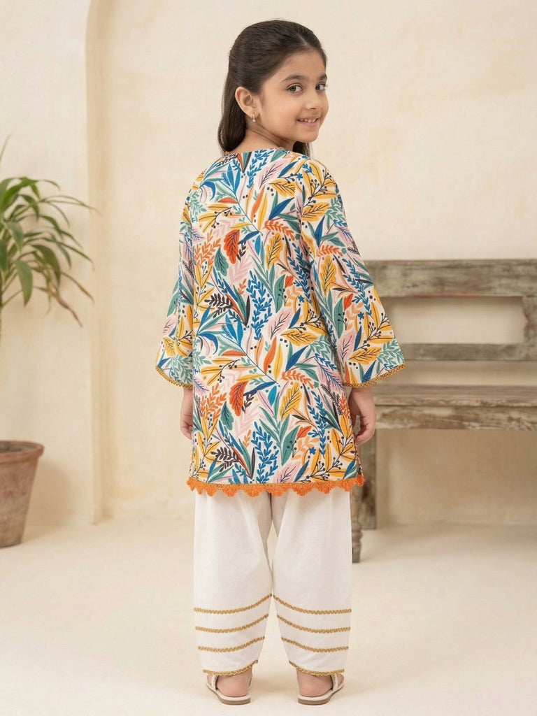 Pspeaches Girls Pakistani style Multi Ethnic Printed Straight Fit Crepe Kurta With farsi Pant